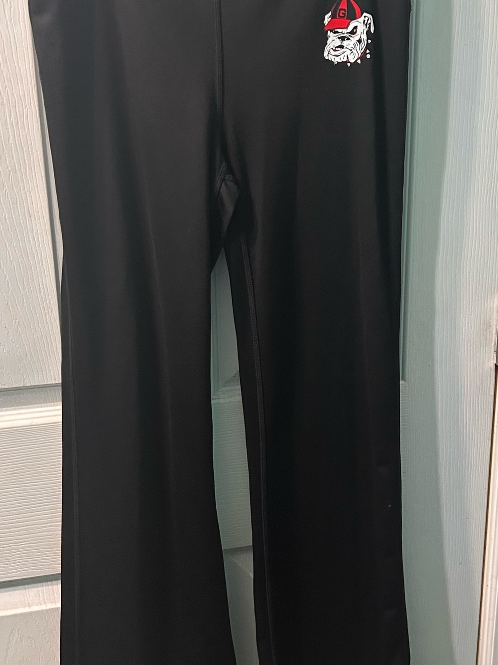 Black Boot-Cut Pants with Bulldog Emblem